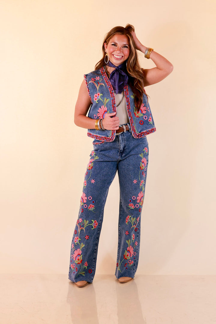 Artfully Yours Colorful Embroidered Denim Vest in Medium Wash