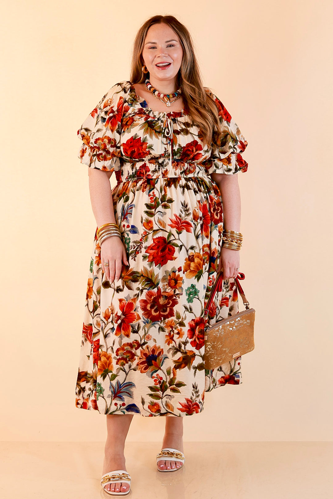 Autumn in the Air Puff Sleeve Smocked Waist Floral Print Tiered Midi Dress in Ivory Multi