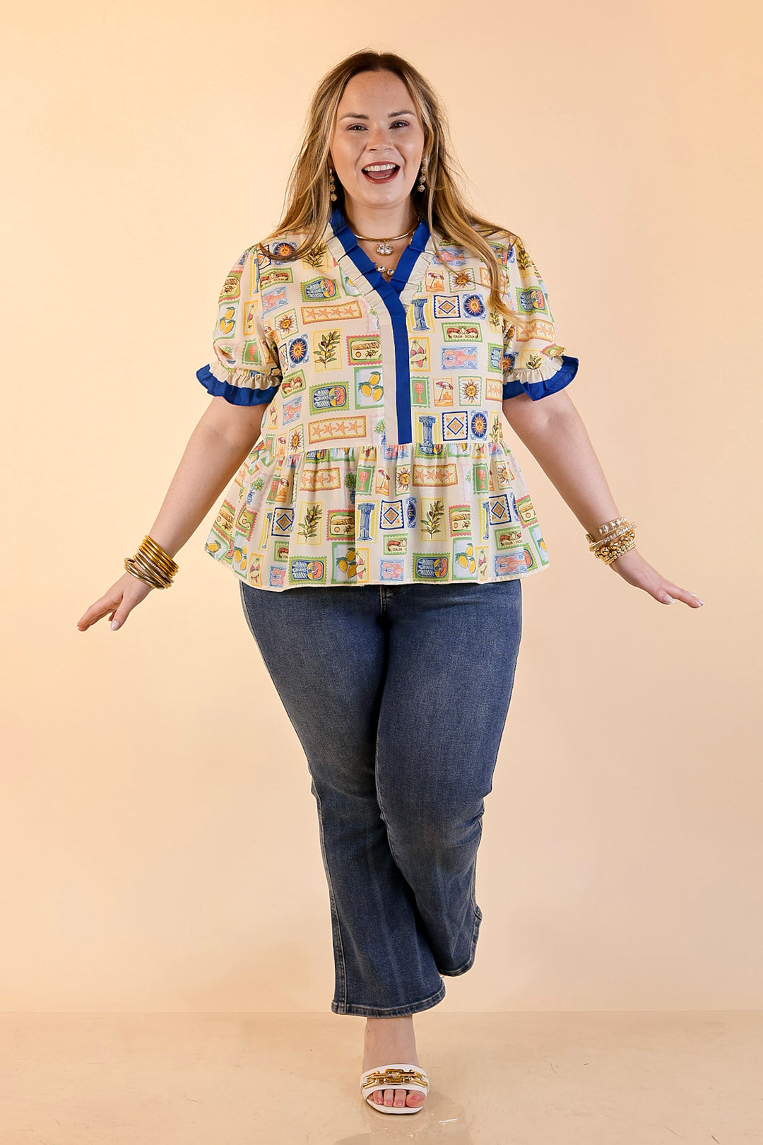 Simply Southern | Sunny Side Style Mediterranean Tile Print Peplum Top with Ruffle Trim in Cream Multi