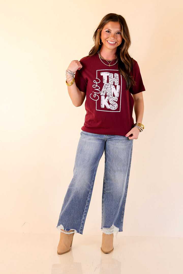 Give Thanks Short Sleeve Leopard Print Graphic Tee in Maroon