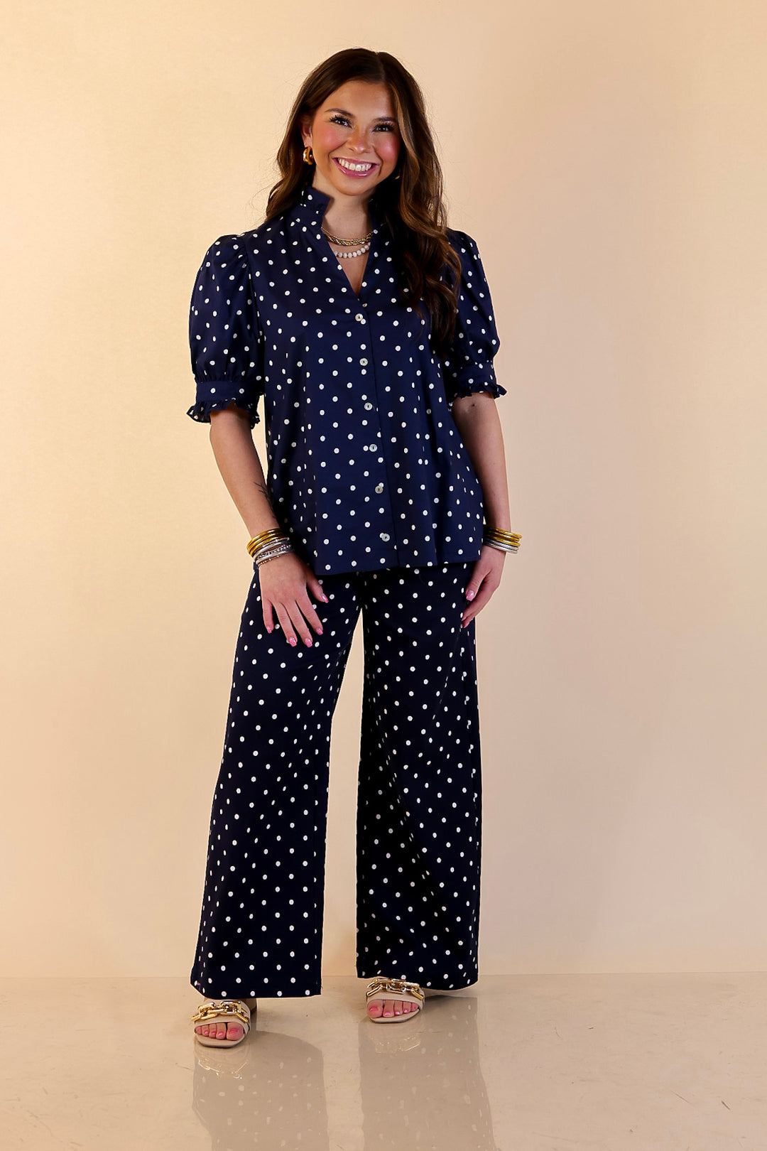 Poised and Polished Button Front Puff Sleeve Top with Polka Dot Print in Navy Blue and White