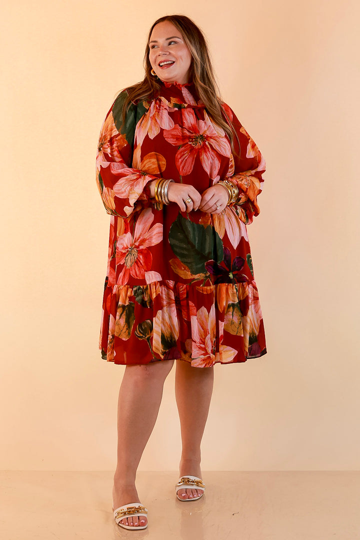 Autumn Romance Ruffle Neck Long Sleeve Floral Peplum Dress in Rust Red Multi