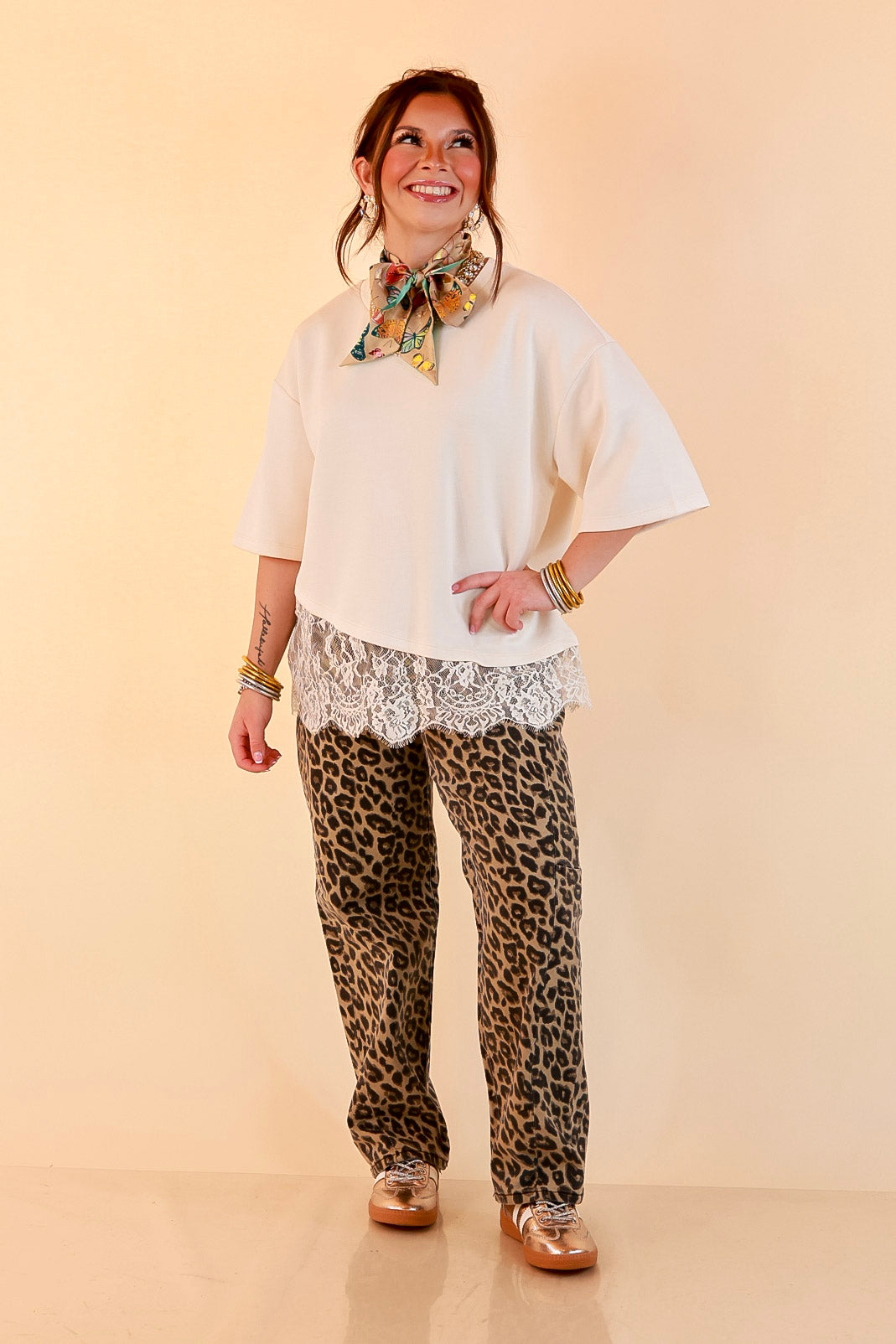 Laced with Charm Oversized Asymmetrical Lace Trim Boxy Top in Ivory