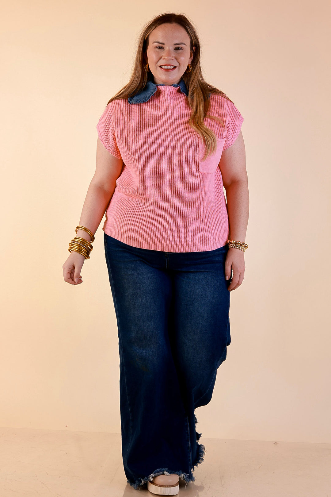 Repeat Ready Cap Sleeve Sweater with Front Pocket in Pink