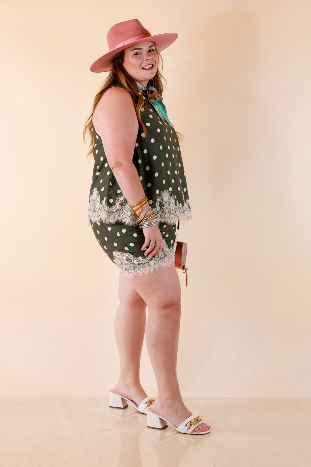 Sweet Little Something Polka Dot Sleeveless Tank Top with Lace Trim Detailing in Olive Green