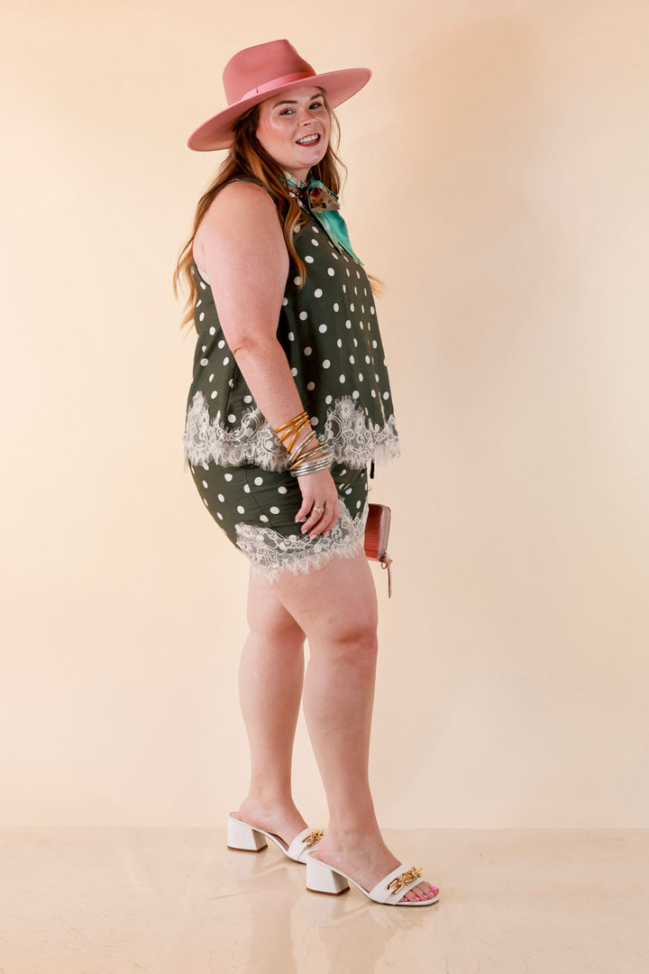 Sweet Little Something Polka Dot Sleeveless Tank Top with Lace Trim Detailing in Olive Green
