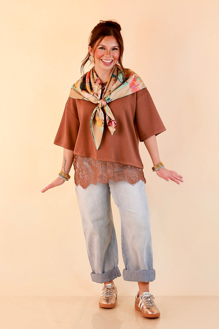 Laced with Charm Oversized Asymmetrical Lace Trim Boxy Top in Coco Brown