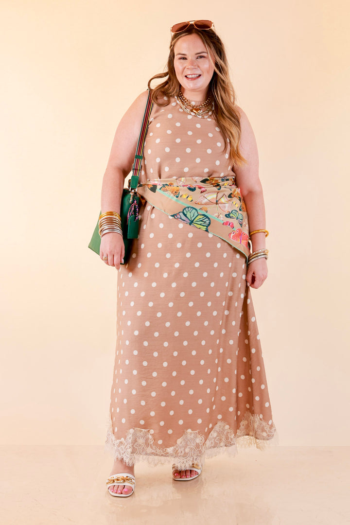 Sweet Little Something Polka Dot Sleeveless Maxi Dress with Lace Trim in Tan