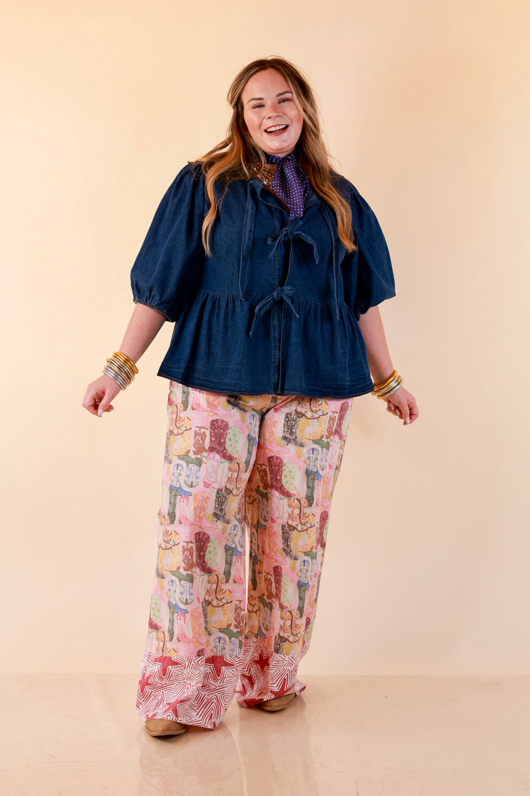 Pairs Well with Others Boots and Stars Mixed Print Drawstring Pants with Elastic Waistband in Red Mix