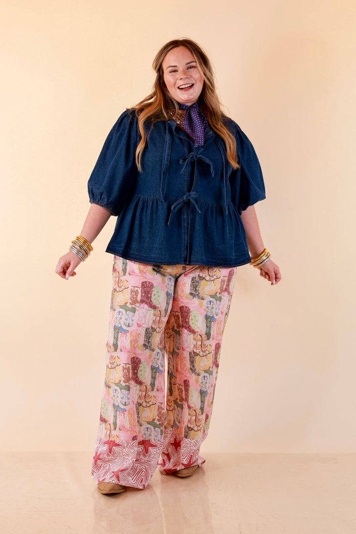 Pairs Well with Others Boots and Stars Mixed Print Drawstring Pants with Elastic Waistband in Red Mix