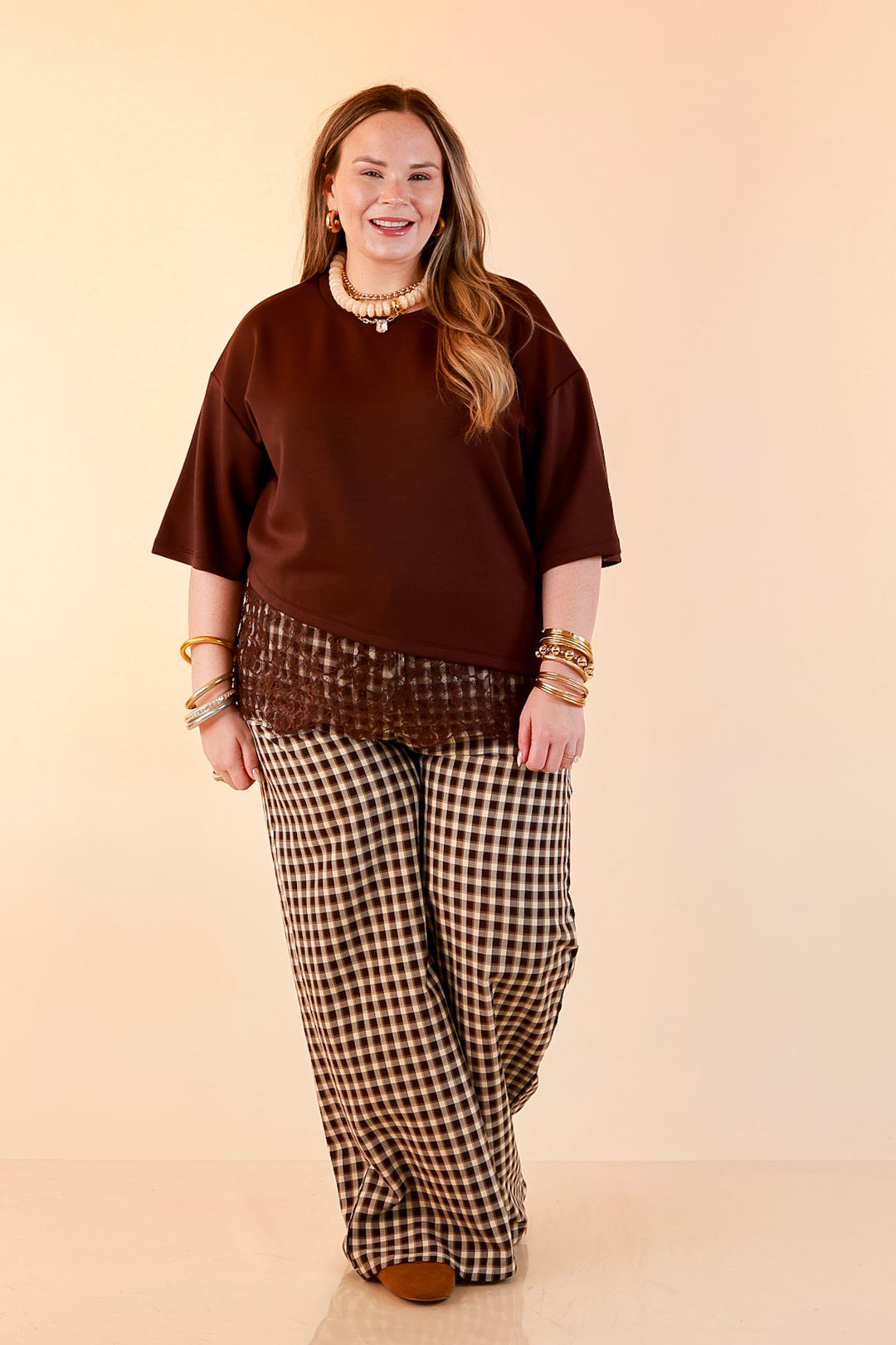 Laced with Charm Oversized Asymmetrical Lace Trim Boxy Top in Chocolate Brown