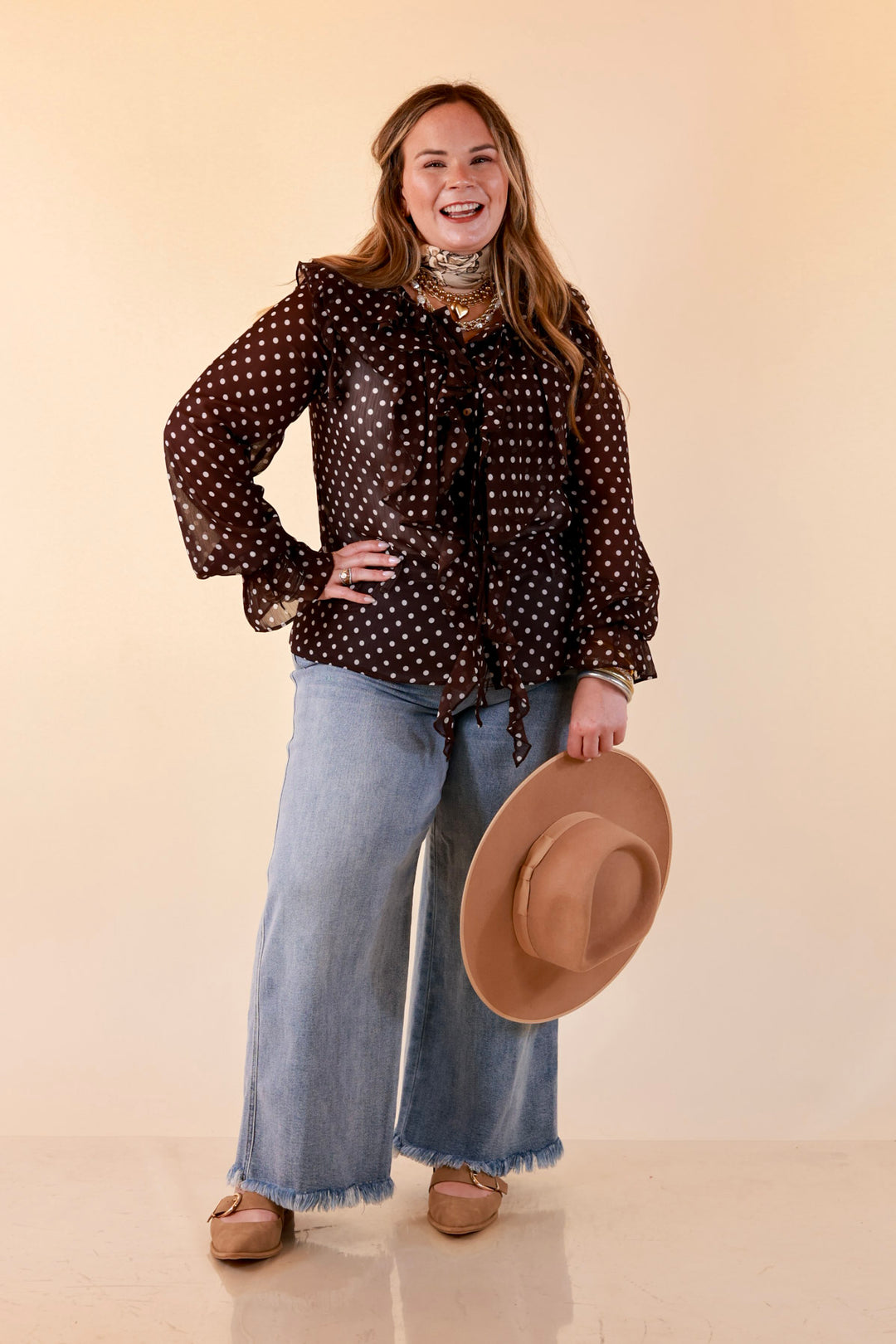 Finer Things Long Sleeve Sheer Ruffle Polka Dot Print Blouse with Balloon Sleeves in Chocolate Brown with White Dots