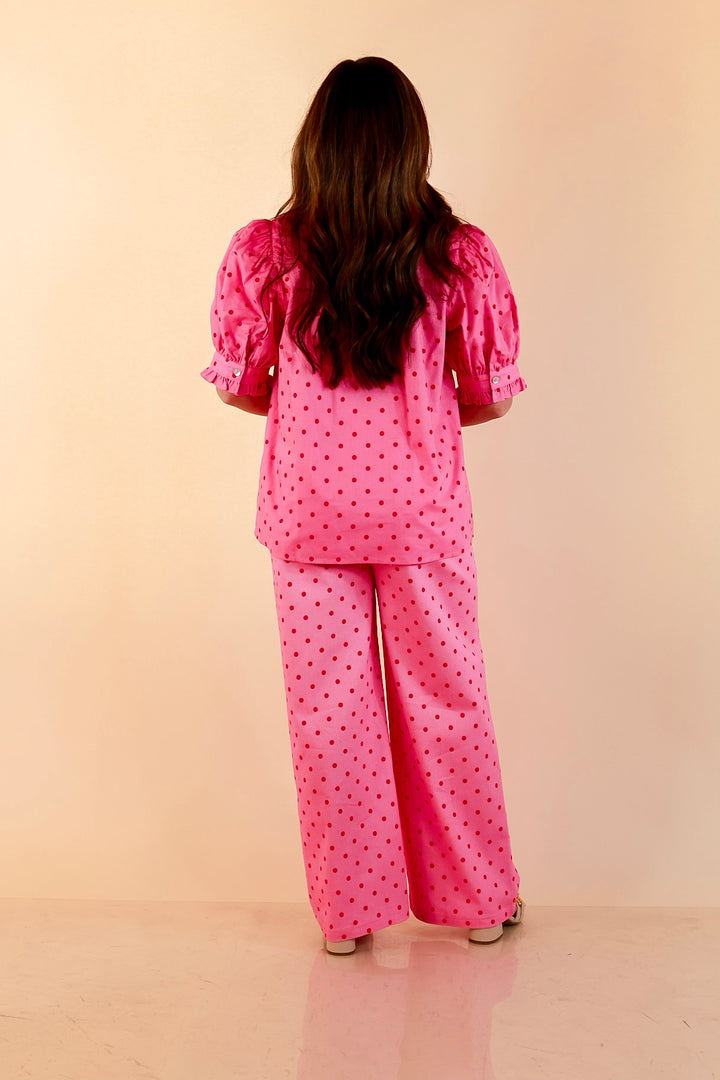 Poised and Polished Button Front Puff Sleeve Top with Polka Dot Print in Pink and Red