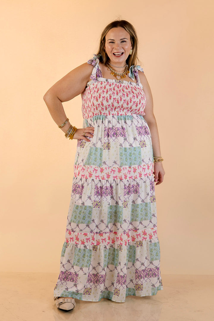 Simply Southern | Spring Symphony Patchwork Print Smocked Maxi Dress with Shoulder Ties and Tiered Skirt in Multi Floral