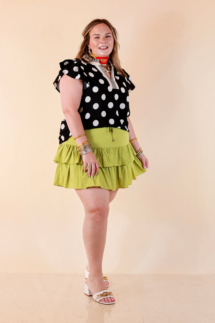 In Good Company Large Polka Dot Blouse with Ruffle Sleeves and Contrast Trim and Collar in Black with Cream Dots