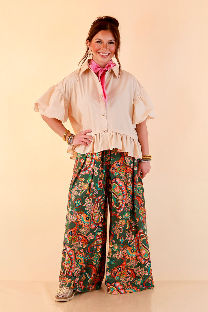 Style in Session Solid Button Down Peplum Bubble Sleeve Top in Ivory
