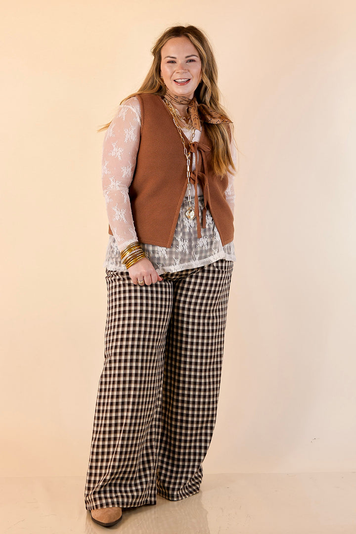Pairs Well with Others Plaid Checkered Print Drawstring Pants with Elastic Waistband in Ivory