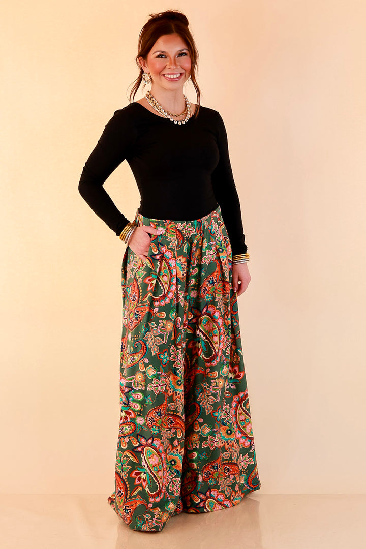 Free to Be Paisley Print Wide Leg Elastic Waist Pants in Olive Green
