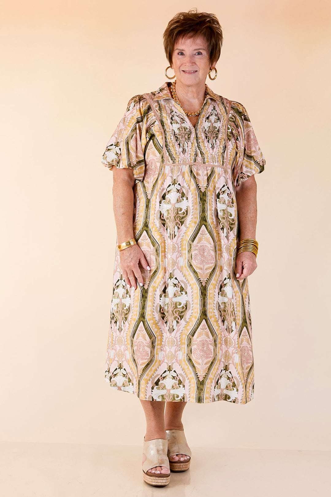 Whimsical Wonder Floral Abstract Print Collared Midi Dress in Pink and Olive Green Mix