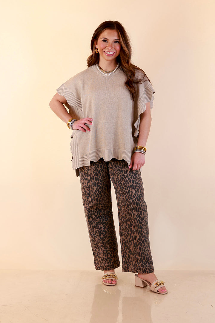 Mud Pie | Sweet Simplicity Scalloped Edge Side Tie Knit One Sized Poncho Sweater in Tan