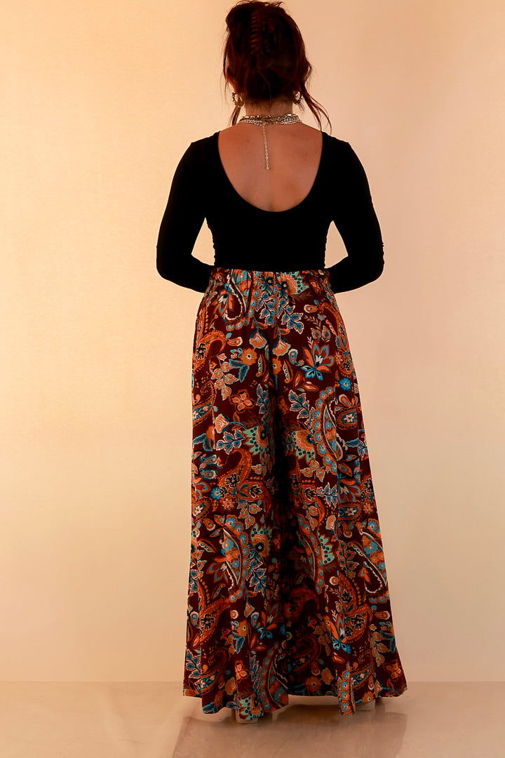 Free to Be Paisley Print Wide Leg Elastic Waist Pants in Chocolate Brown