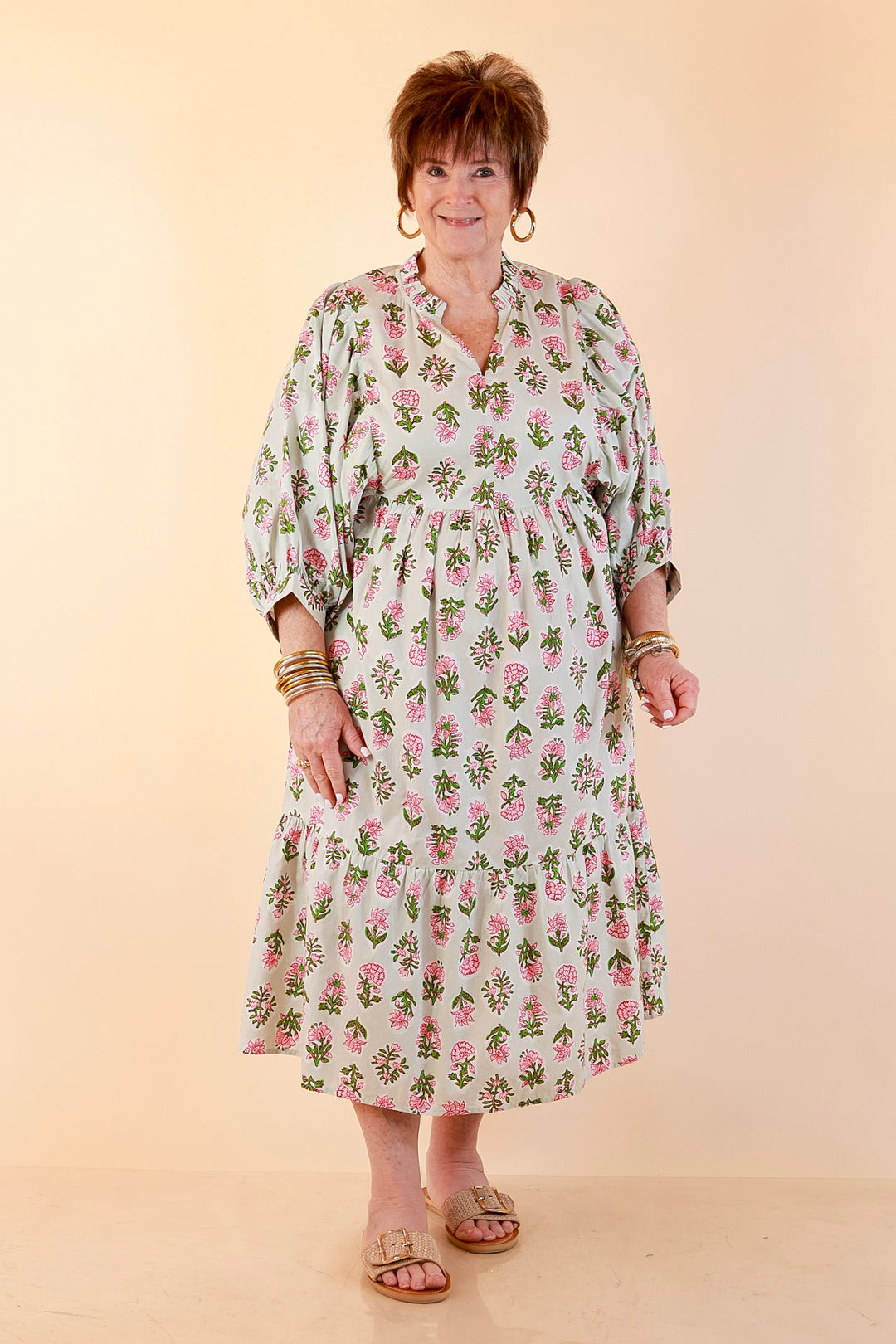 Mud Pie | Lovely Impression Cotton Poplin Floral Midi Dress with Ruffle Collar and Puff Sleeves in Sage Multi