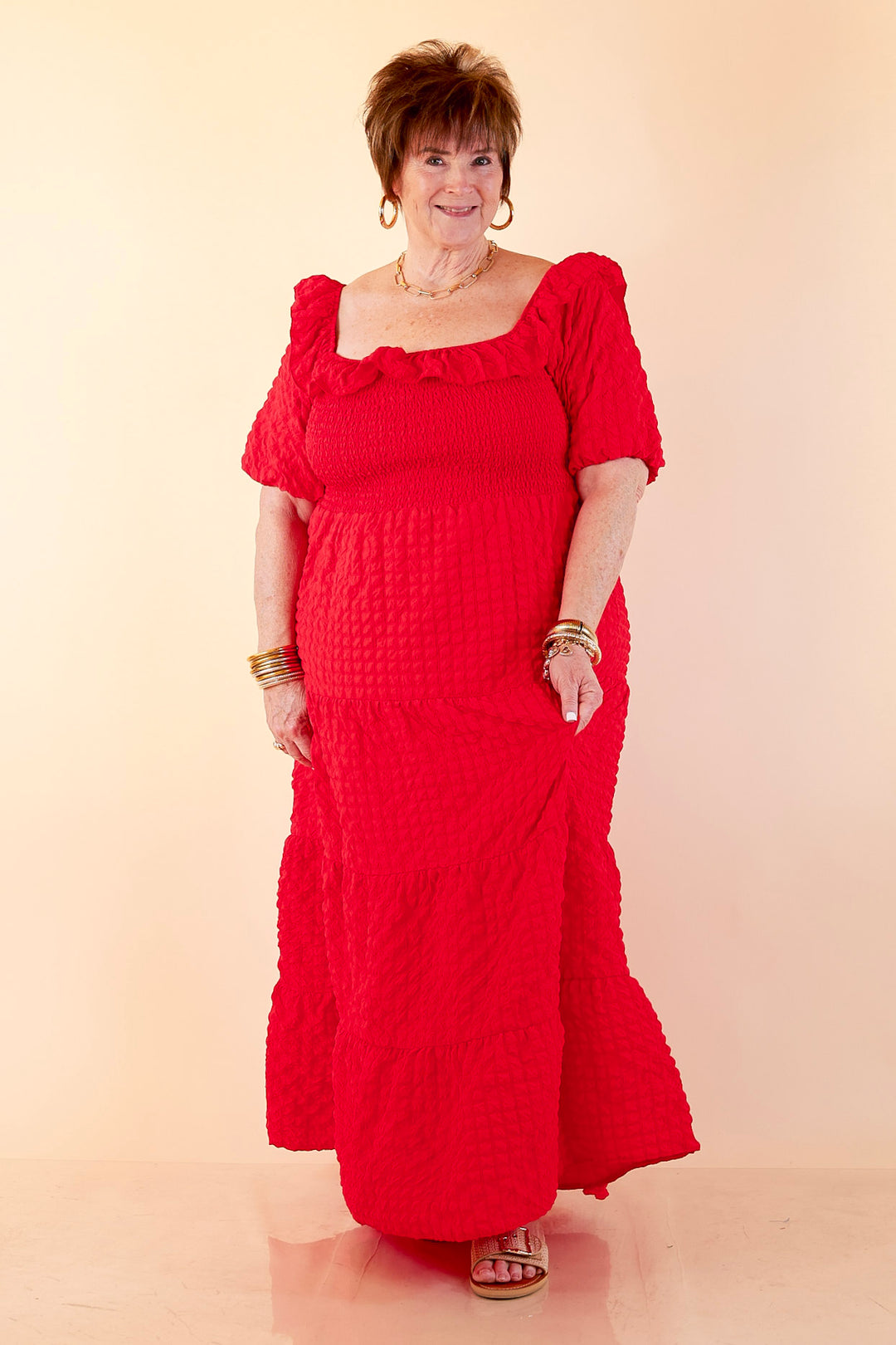 Simply Southern | Radiant Moment Textured Smocked Bodice Tiered Maxi Dress with Puff Sleeves in Red