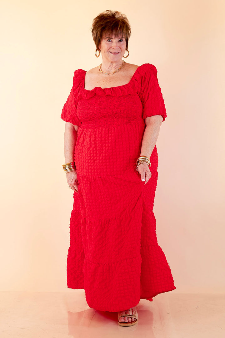 Simply Southern | Radiant Moment Textured Smocked Bodice Tiered Maxi Dress with Puff Sleeves in Red