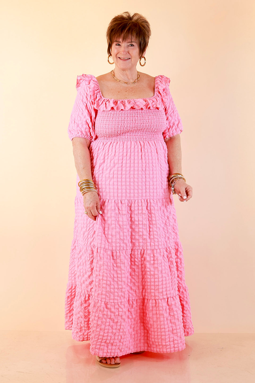 Simply Southern | Radiant Moment Textured Smocked Bodice Tiered Maxi Dress with Puff Sleeves in Pink
