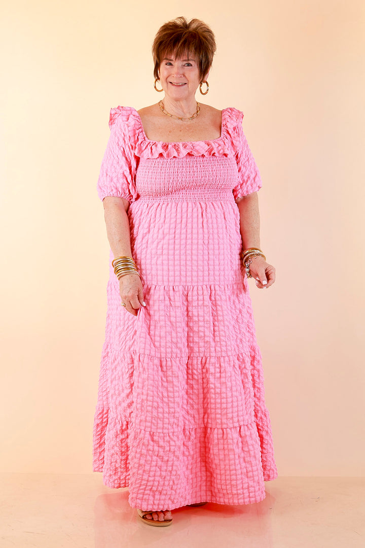 Simply Southern | Radiant Moment Textured Smocked Bodice Tiered Maxi Dress with Puff Sleeves in Pink