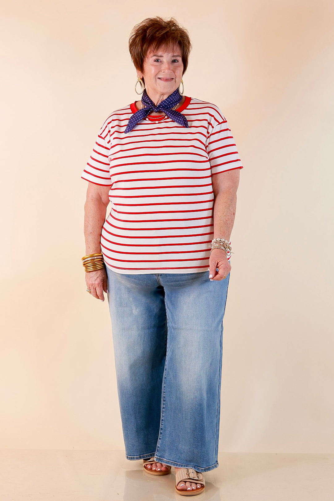 The Daily Stripe Scoop Neck Short Sleeve Striped Tee Top in Red