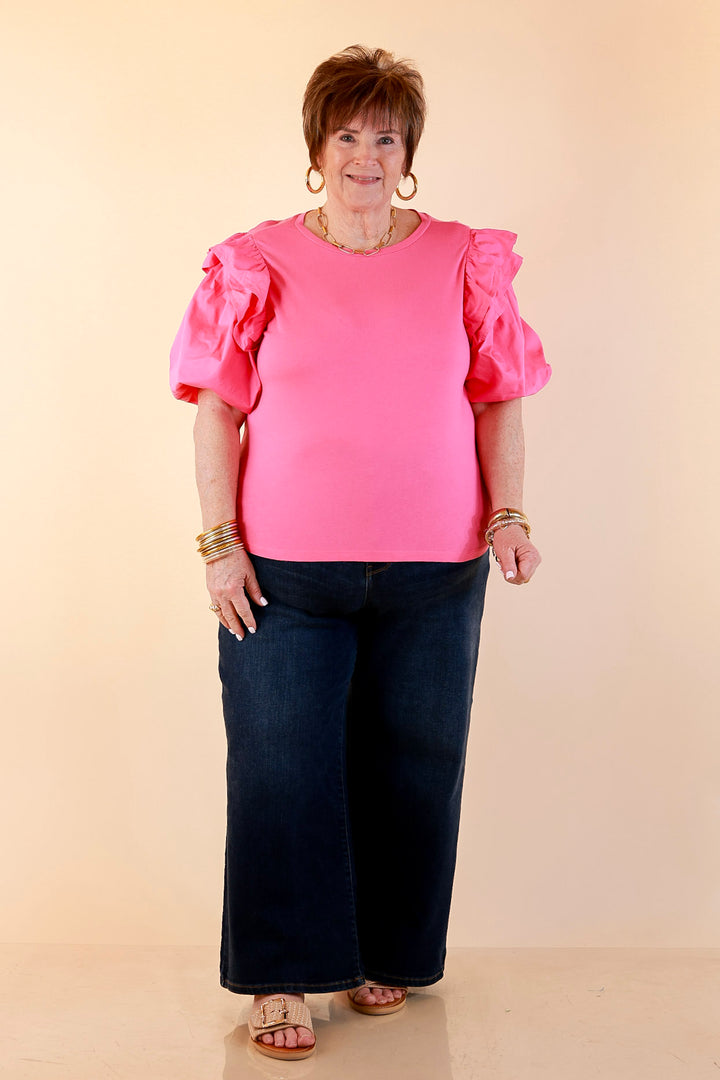Mud Pie | Standout Style Ruffle Puff Sleeve Knit Top in Hot Pink