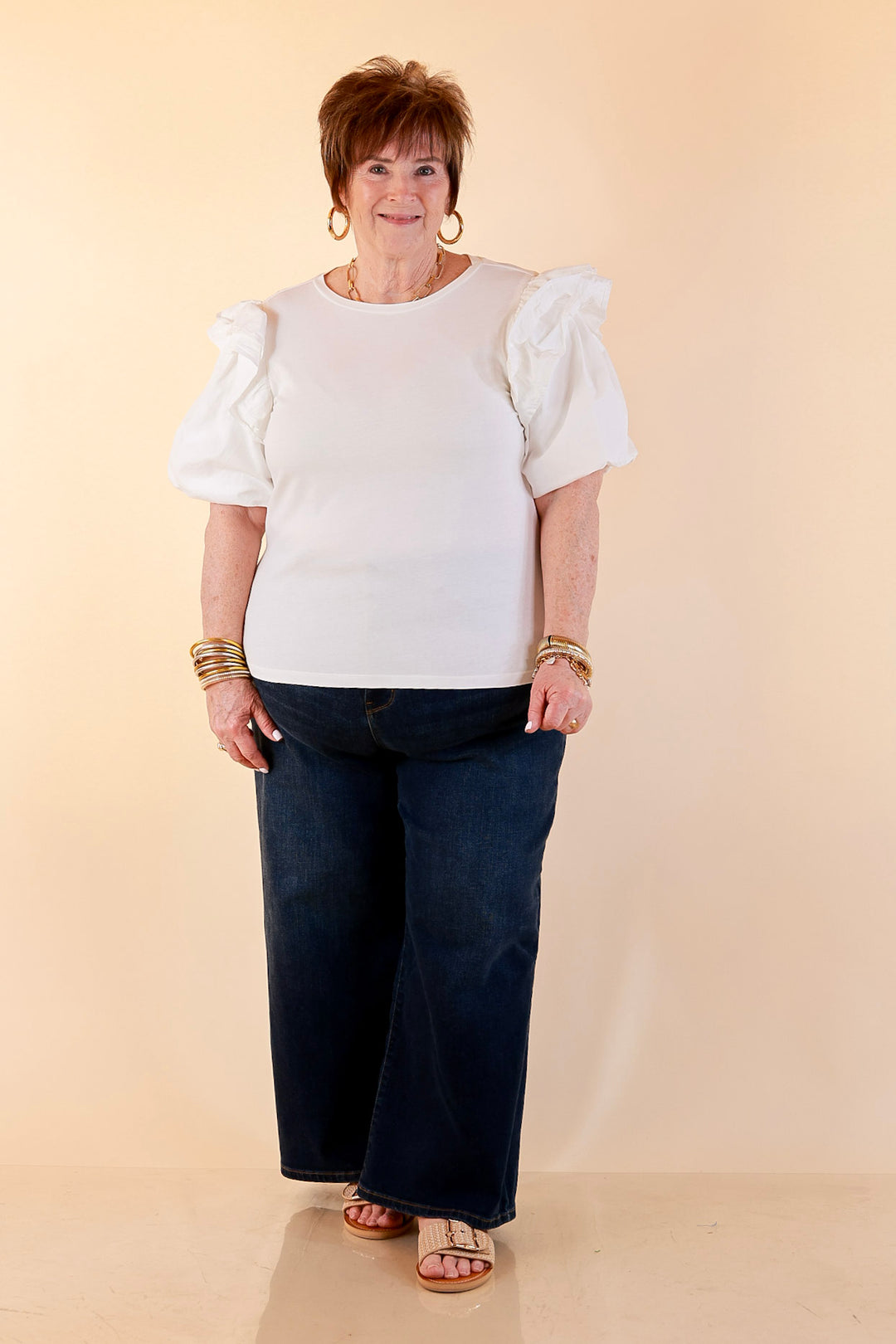 Mud Pie | Standout Style Ruffle Puff Sleeve Knit Top in White