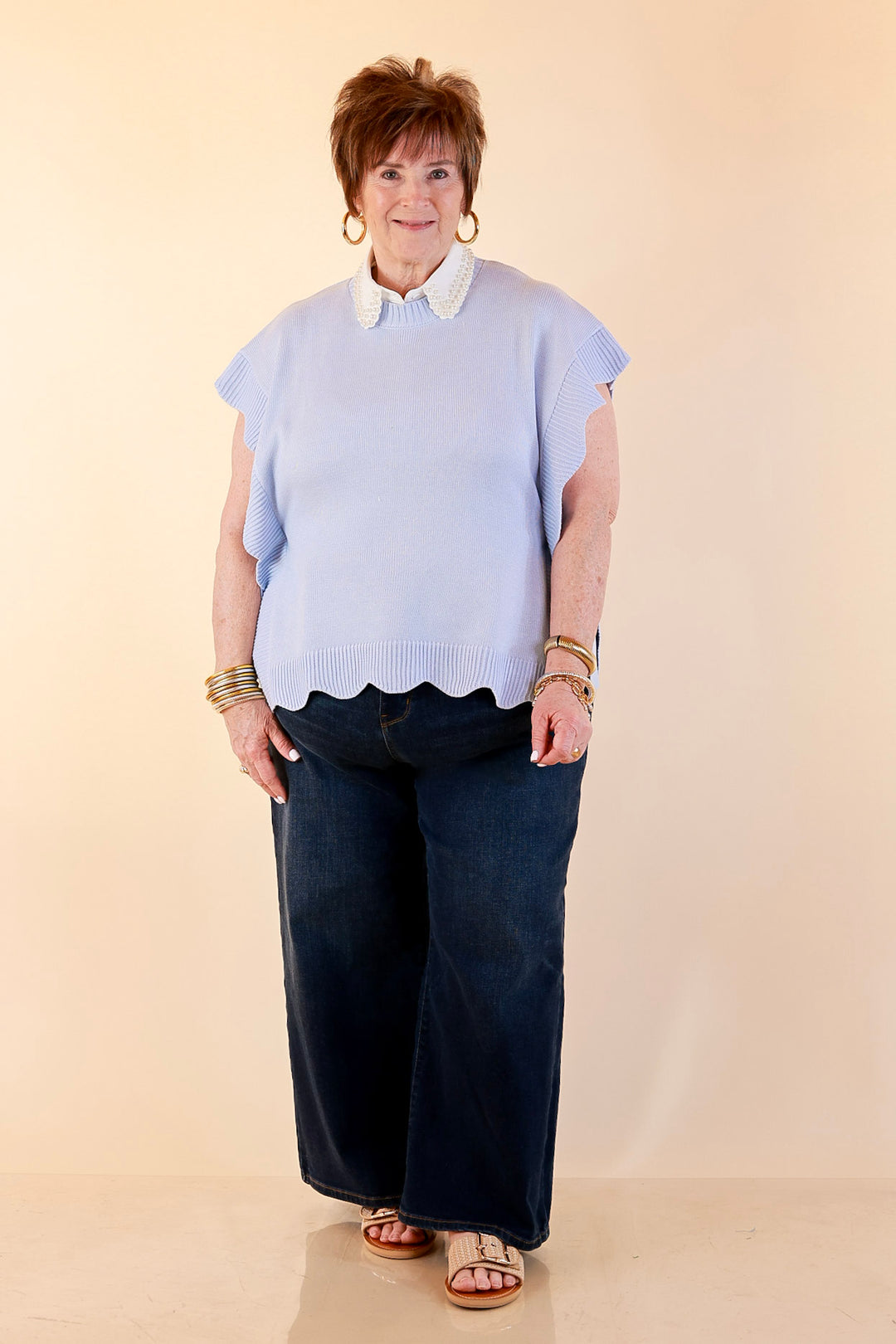 Mud Pie | Sweet Simplicity Scalloped Edge Side Tie Knit One Sized Poncho Sweater in Blue