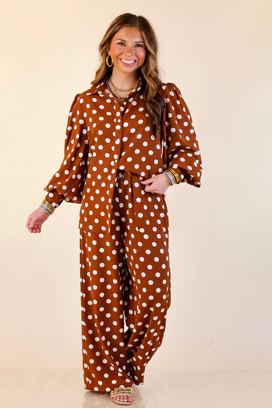 Better Together Polka Dot Button Up Collared Top with Poofy Sleeves in Brown