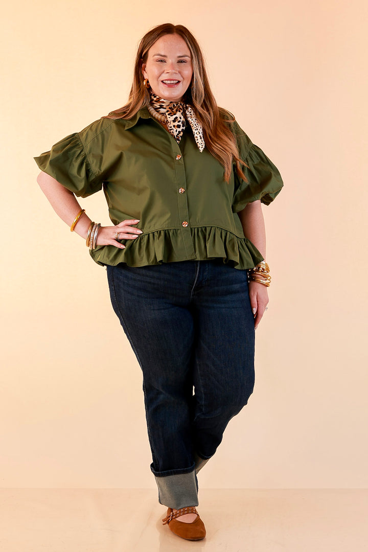 Style in Session Solid Button Down Peplum Bubble Sleeve Top in Olive Green