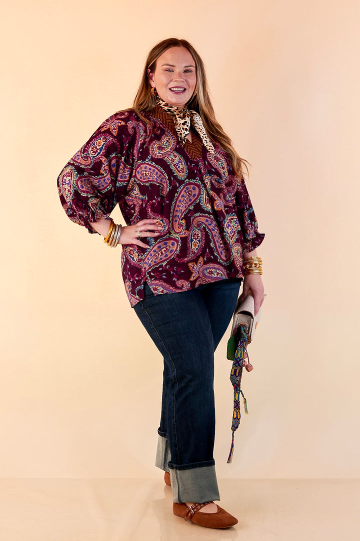 Caught My Eye Ruffle Contrast Stripe Detail Neck Balloon Sleeve Paisley Print Blouse in Plum Purple Mix