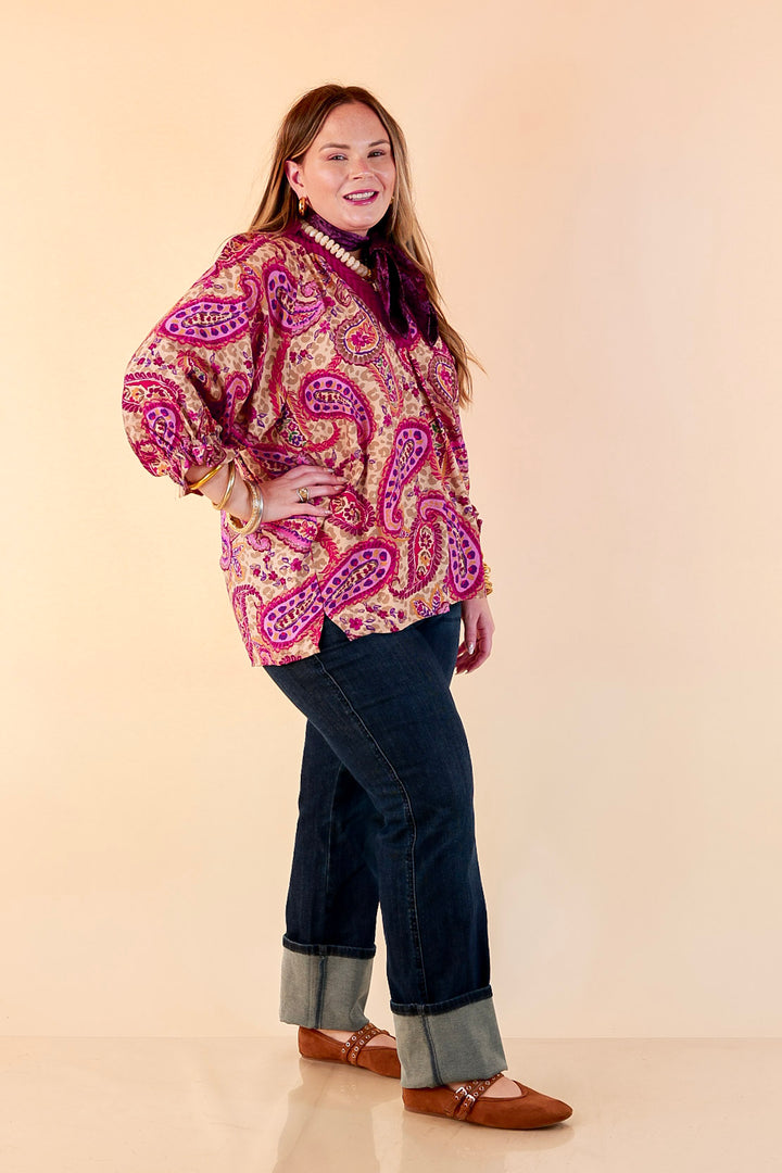 Caught My Eye Ruffle Contrast Stripe Detail Neck Balloon Sleeve Paisley Print Blouse in Fuchsia Pink Multi