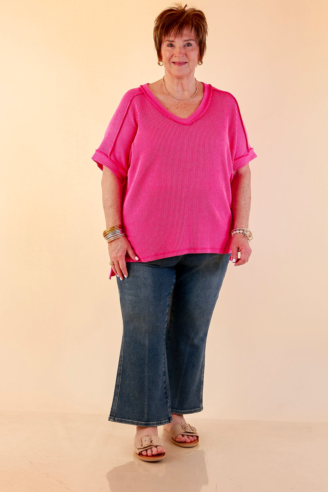 Daily Perfection V Neck Short Sleeve Ribbed Top in Hot Pink