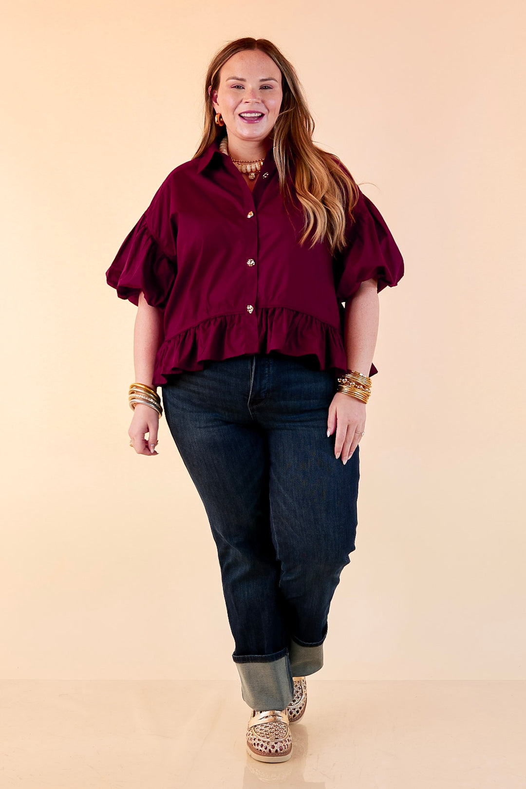 Style in Session Solid Button Down Peplum Bubble Sleeve Top in Maroon