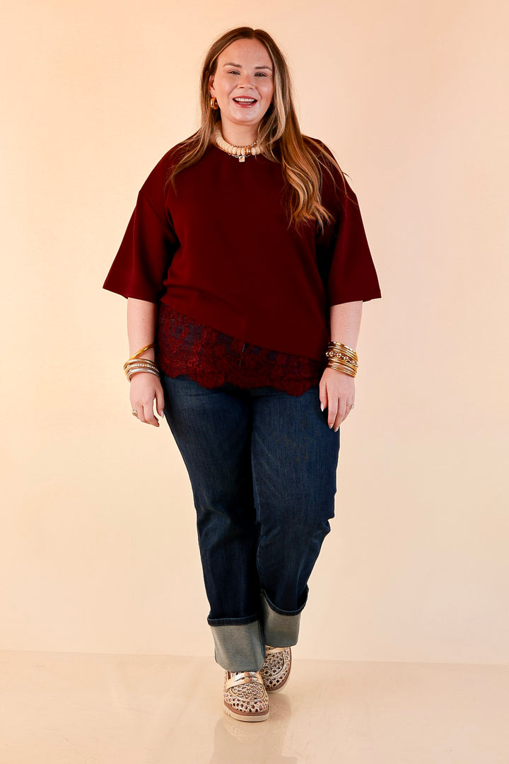 Laced with Charm Oversized Asymmetrical Lace Trim Boxy Top in Maroon