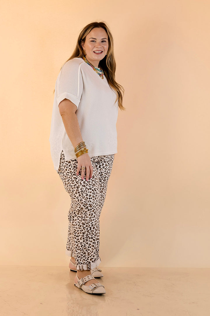 Risen | Wild Intentions Leopard Print Barrel Jeans in Ivory and Brown