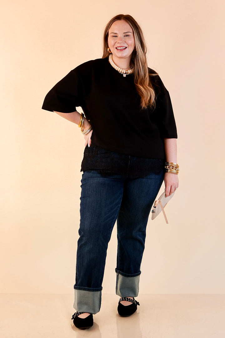 Laced with Charm Oversized Asymmetrical Lace Trim Boxy Top in Black