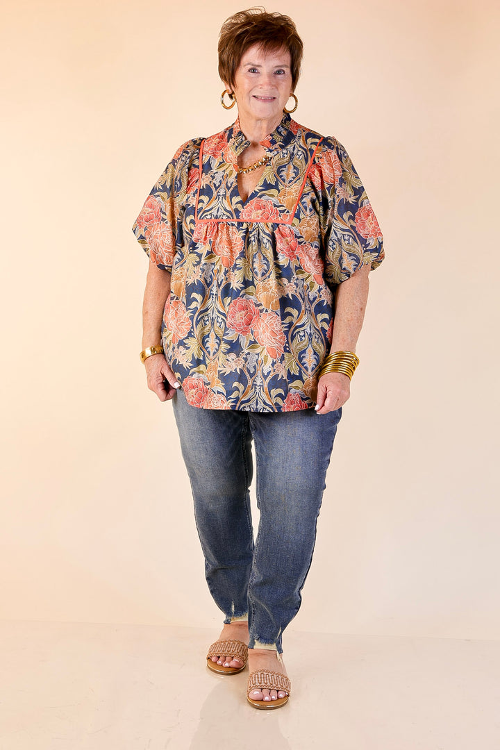 Blooming Days Ahead Floral Print V Neck Blouse with Puff Sleeves and Ruffle Trim Collar in Navy Mix