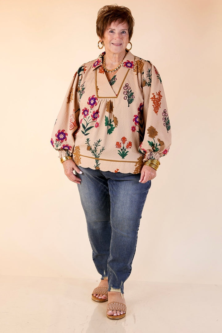 Garden Soirée Floral Print Collared Blouse with Long Balloon Sleeves in Tan