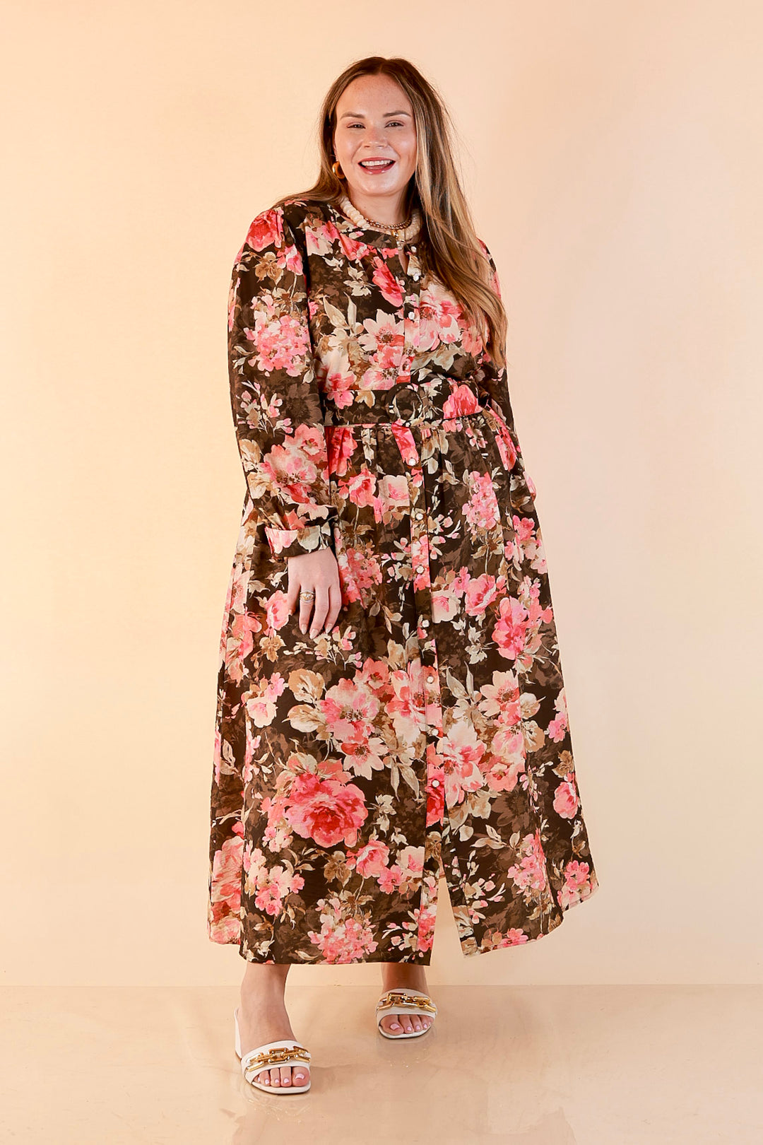 Written in the Roses Long Sleeve Floral Button Front Belted Midi Dress in Olive Green Multi