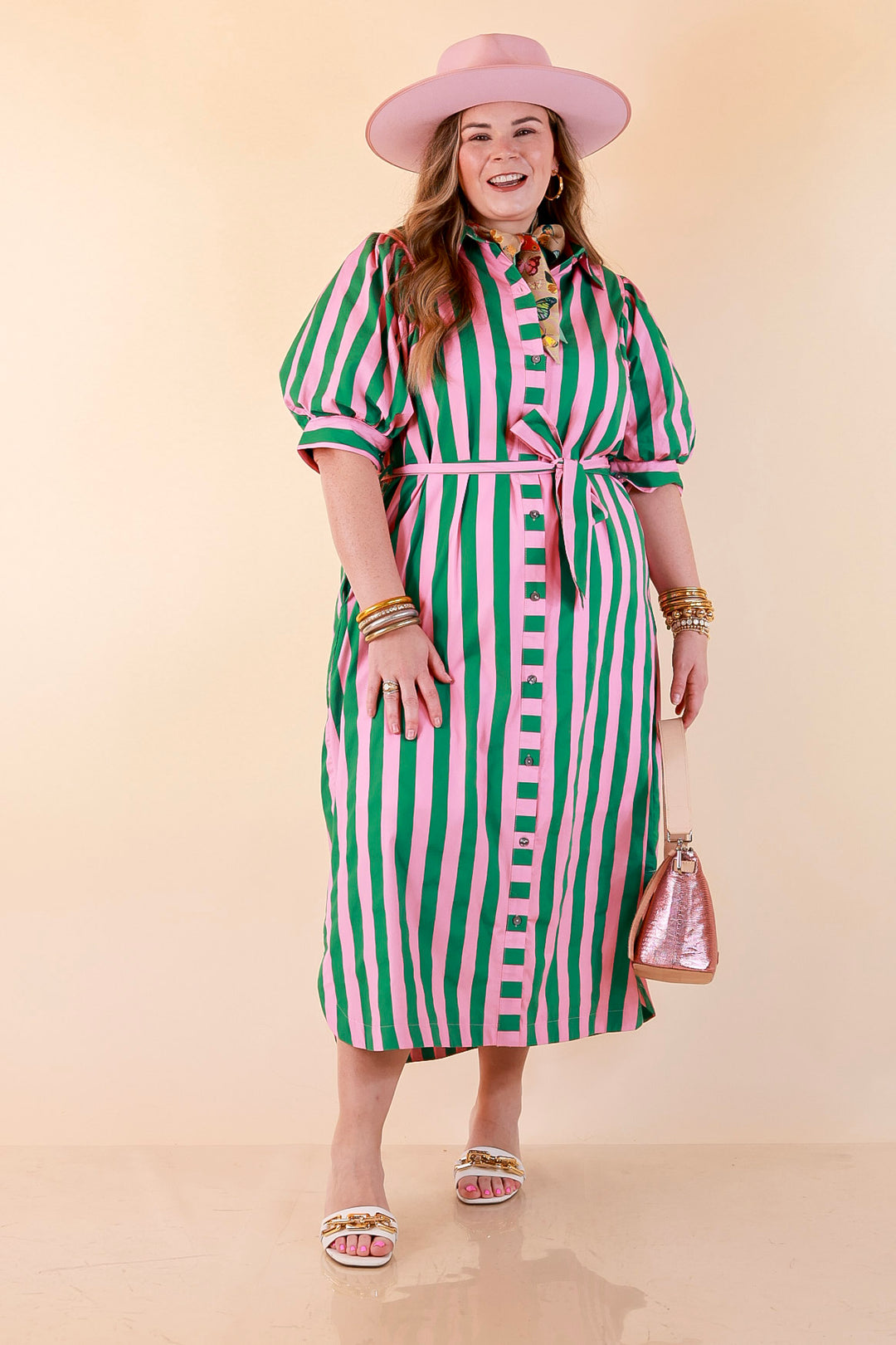 Palm Springs Pretty Puff Sleeve Button Front Belted Midi Dress with Stripe Print in Pink and Kelly Green