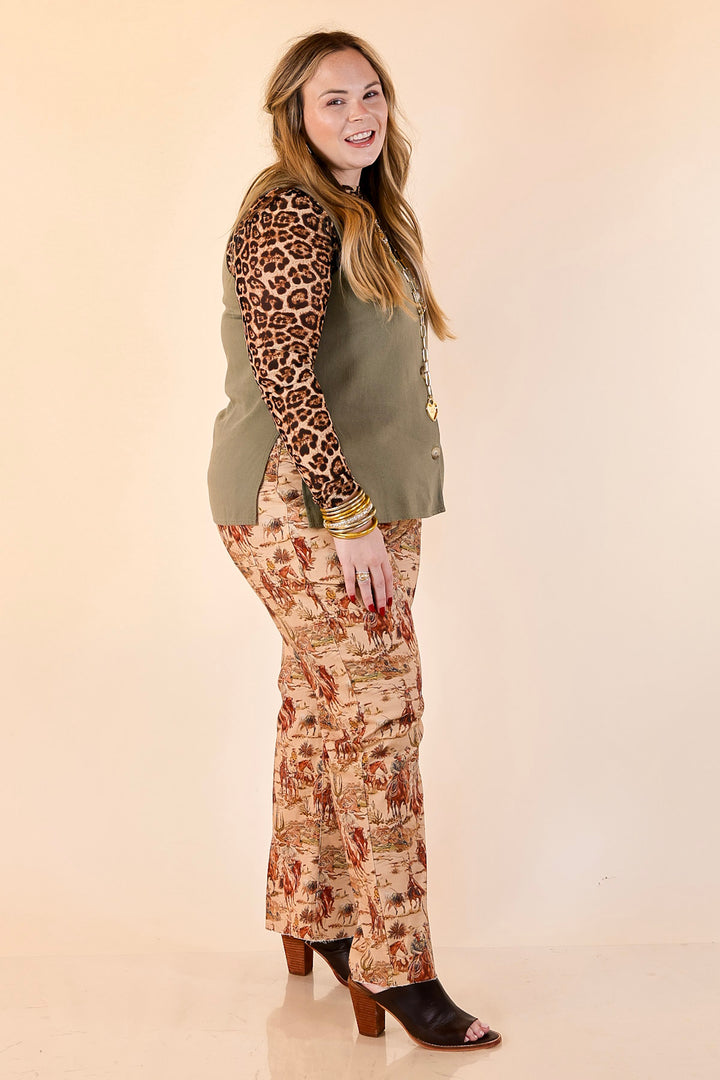 Story of the West Straight Leg Raw Hem Western Print Pants in Taupe Brown