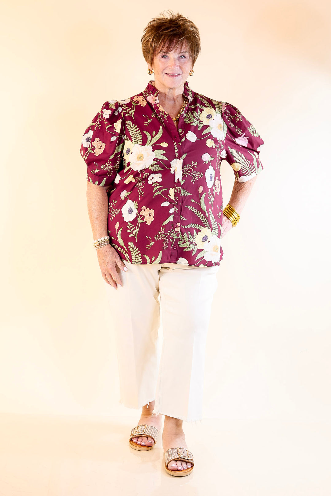 First Glance Button Up Puff Sleeve Floral Print Top in Maroon