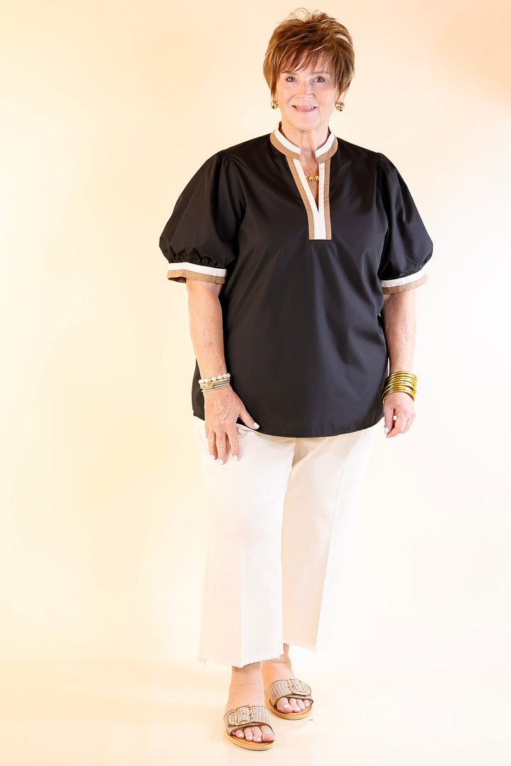 Standout Style V Neck Top with Short Balloon Sleeves and Natural Color Trim in Black